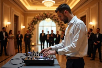 DJ professionnel en costume blanc devant une console au hall d'entrée d'une salle de mariage élégante avec invités en tenue formelle