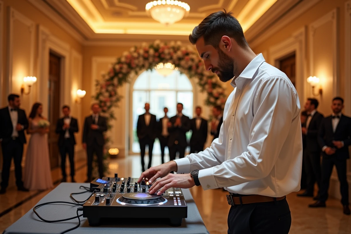 DJ professionnel en costume blanc devant une console au hall d'entrée d'une salle de mariage élégante avec invités en tenue formelle