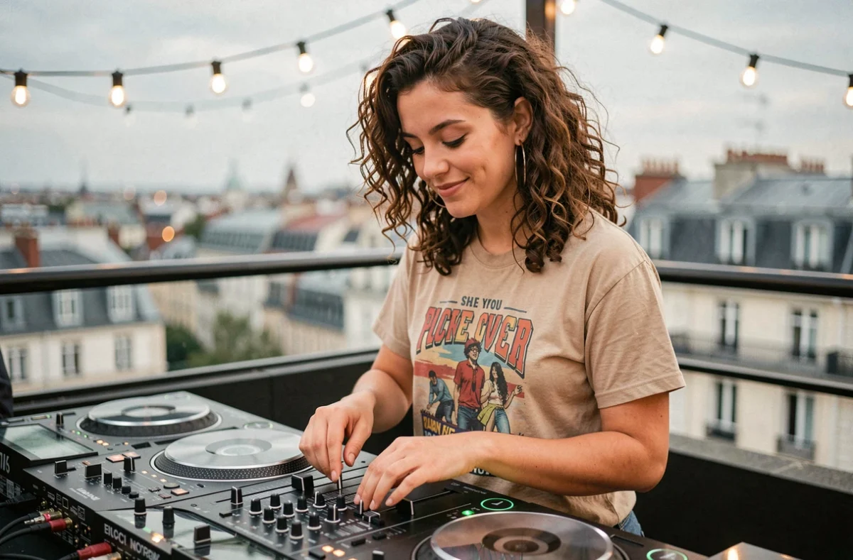 DJ femme souriante aux platines sur un rooftop bar de Lyon avec panorama urbain en fond