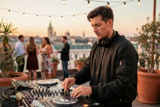 DJ lyonnais derrière ses platines sur un rooftop avec vue sur la ville au crépuscule
