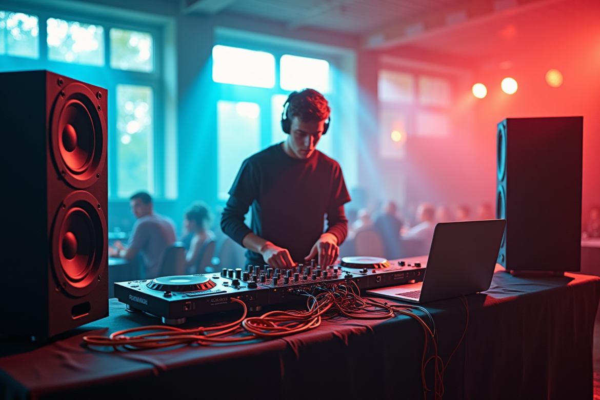 Jeune DJ préparant son matériel dans une salle lumineuse
