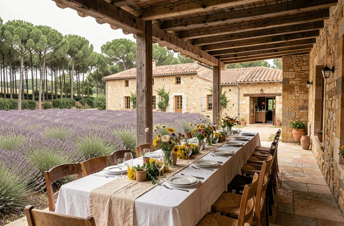 Terrasse de la Domaine de la Grangette avec une longue table de banquet ornée de fleurs sauvages pour un mariage
