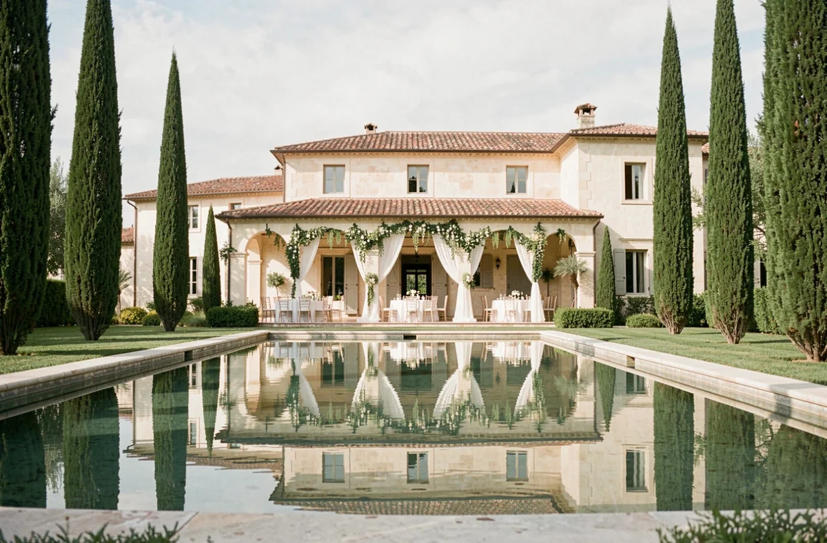Manor house du Domaine de la Trinité avec loggia décorée et bassin réfléchissant pour une réception de mariage