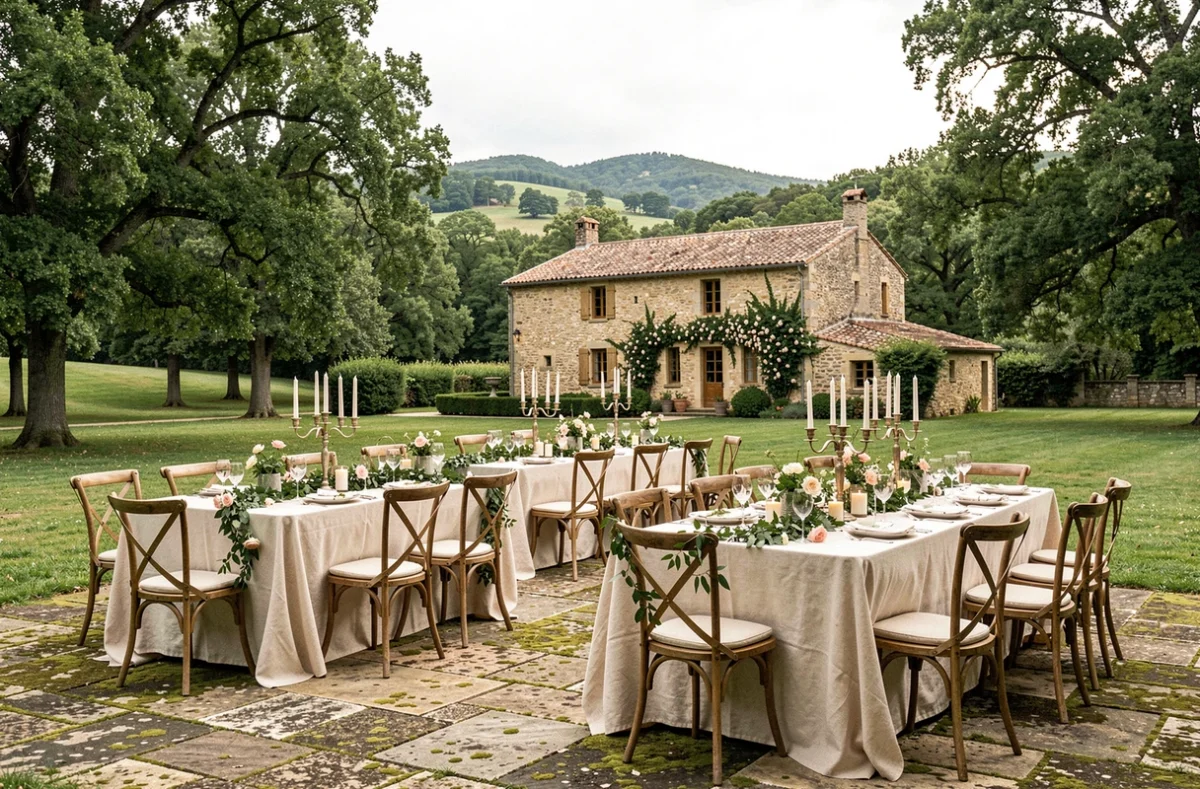 Terrasse en pierre du Domaine des Laux décorée d'une longue table de mariage avec roses grimpantes et chandeliers