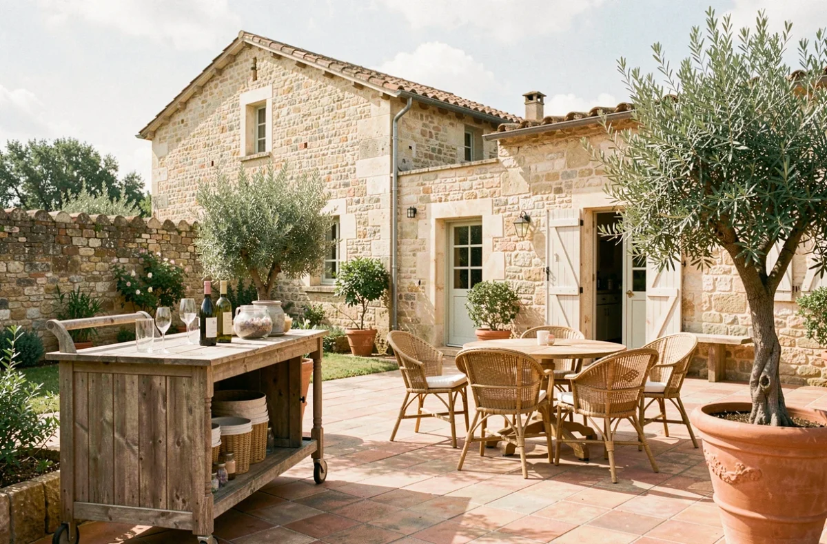 Patio ombragé du Domaine La Fourcade avec espace cocktail de mariage décoré d'oliviers en pot et de chaises en rotin