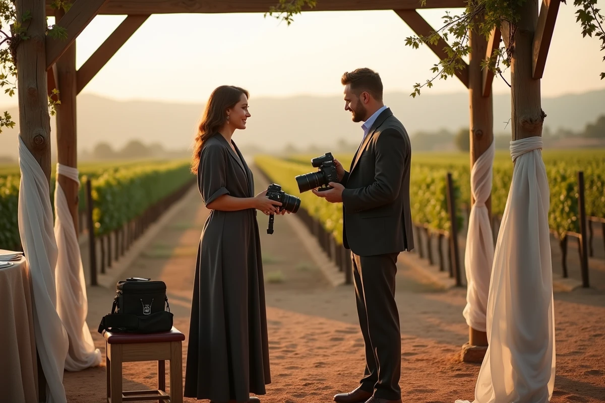 Duo de photographes de mariage préparant leur matériel dans un domaine viticole, représentant les options de forfaits photo mariage