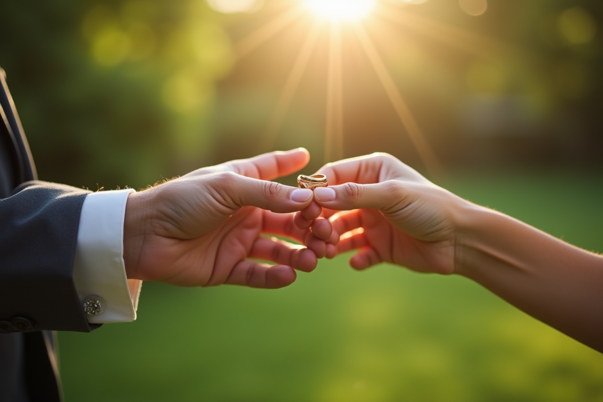 Couple échangeant des alliances en bronze dans un jardin vert