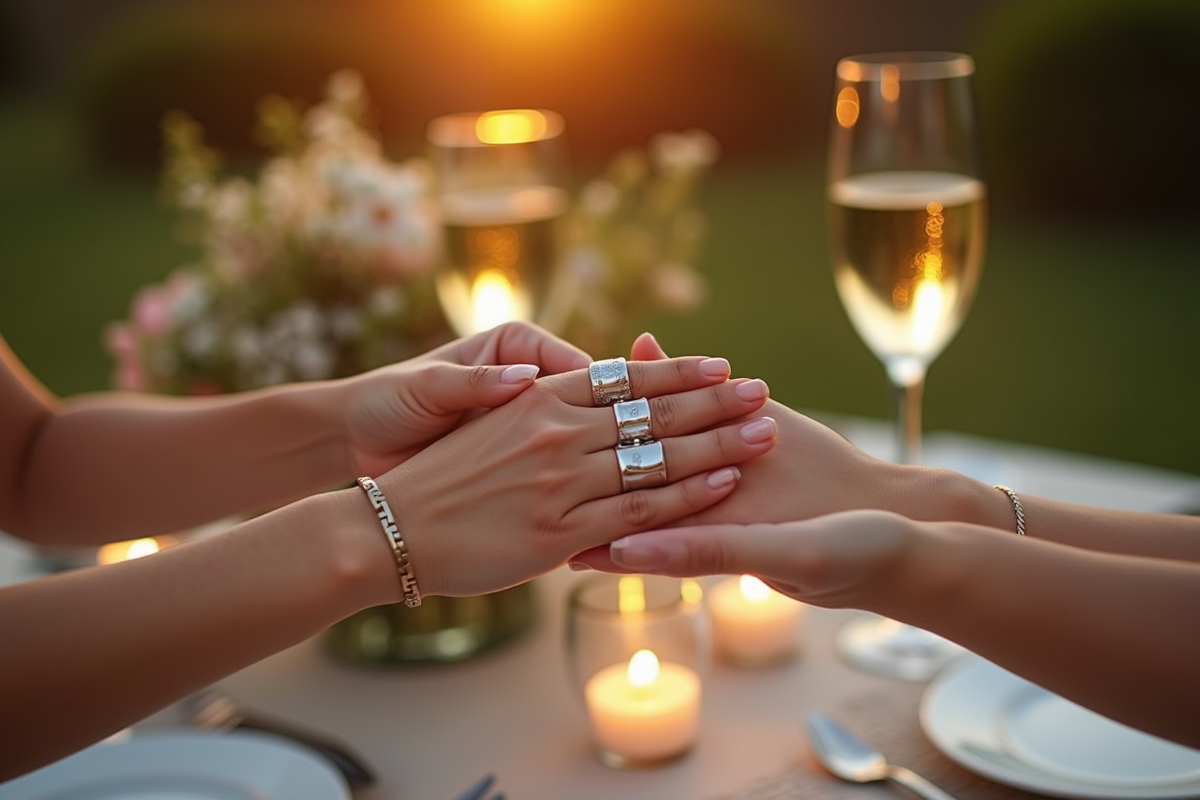 Mains élégantes échangeant des alliances en plein air lors d une célébration
