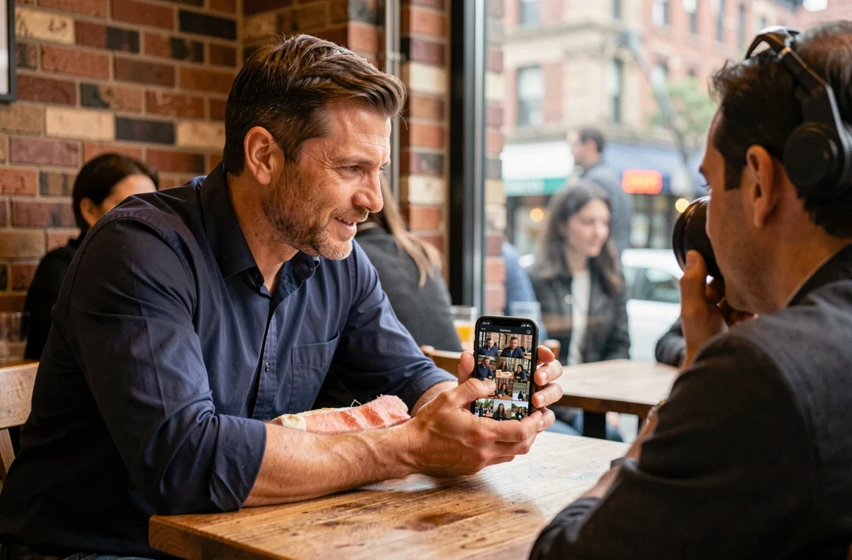 Homme en entretien avec un photographe professionnel dans un café pour discuter d'un projet