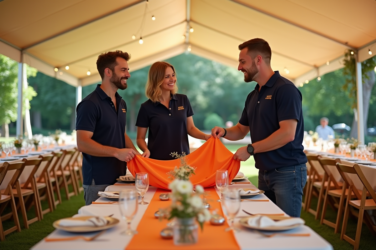Groupe de trois personnes déployant une nappe lors d