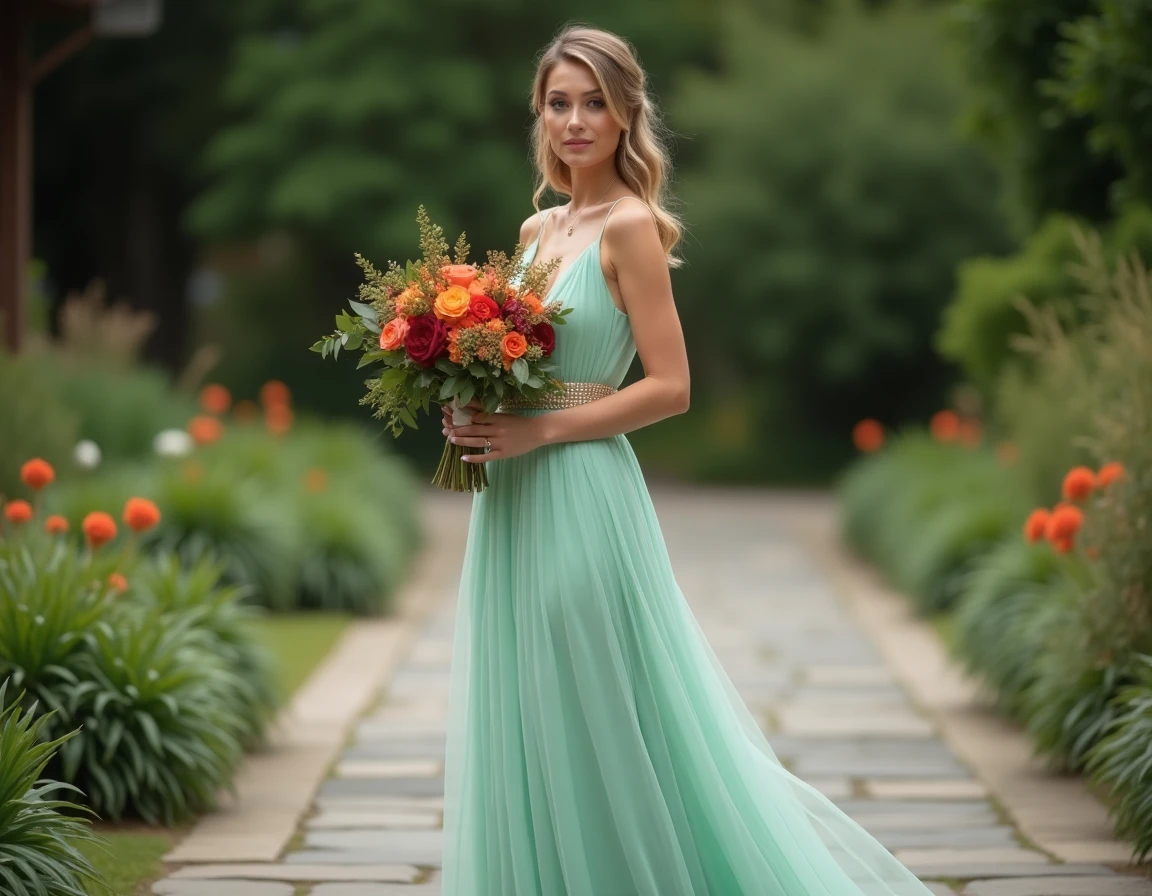 Mariée en robe vert d'eau avec des accessoires dorés et un bouquet mal assorti illustrant les erreurs de style à éviter