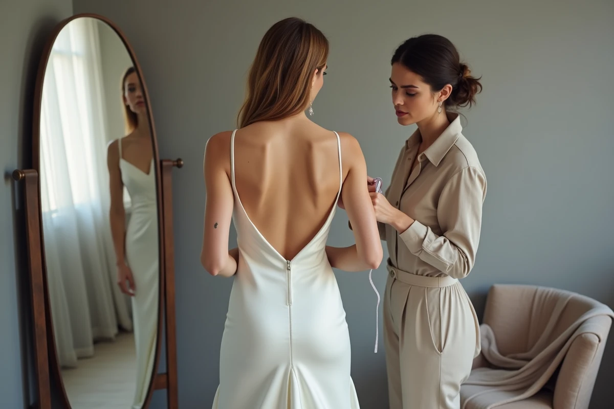 Essayage de robe courte de mariée en satin dans une cabine de boutique avec styliste ajustant l'ourlet