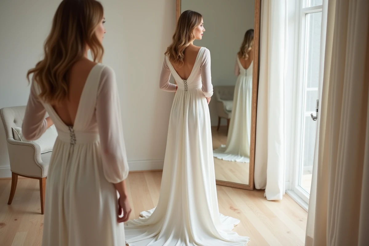 Femme de petite stature essayant une robe de mariée longue à manches en mousseline avec une styliste