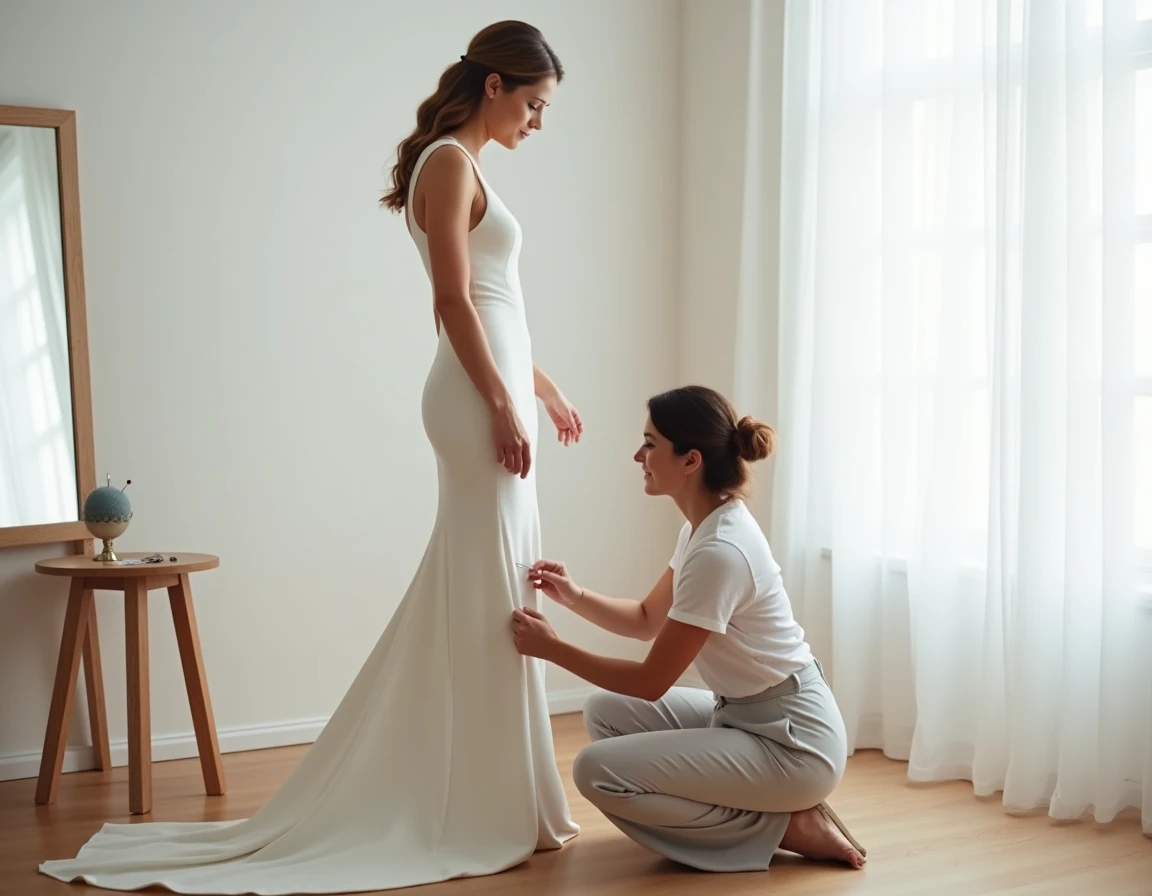 Essayage final d'une robe de mariée sur-mesure avec une couturière ajustant l'ourlet dans un salon de retouche
