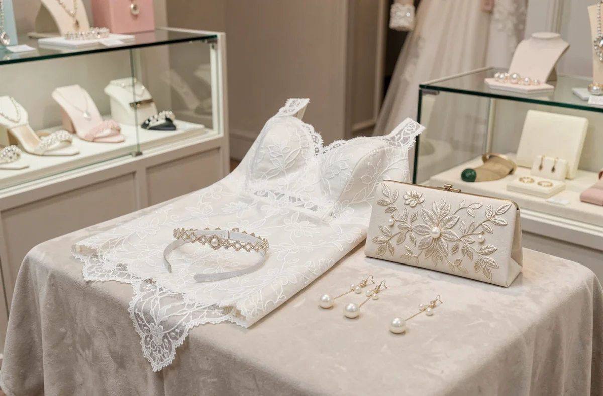 Robe de mariée en dentelle et accessoires de mariée exposés dans la boutique Eve la Mariée dans le Nord