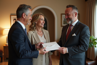 Couple souriant offrant une invitation de mariage à leur fils