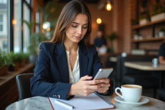 Femme élégante consultant un profil sur une application de rencontre haut de gamme dans un café moderne