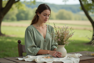 Jeune femme arrangeant des fleurs sauvages dans un vase en céramique