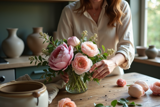Femme arrangeant un bouquet de fleurs dans une cuisine lumineuse