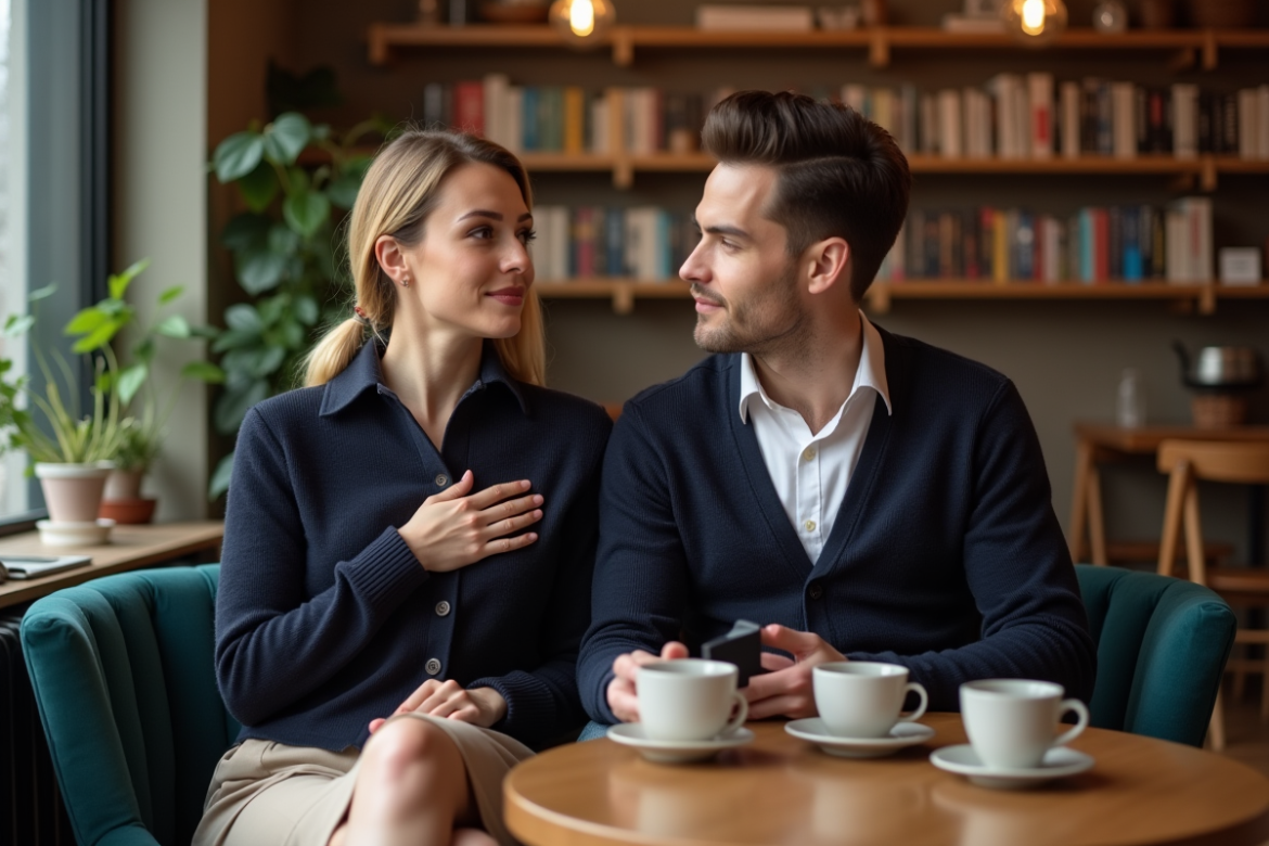 Femme en café parlant avec un homme lors d'une demande en mariage