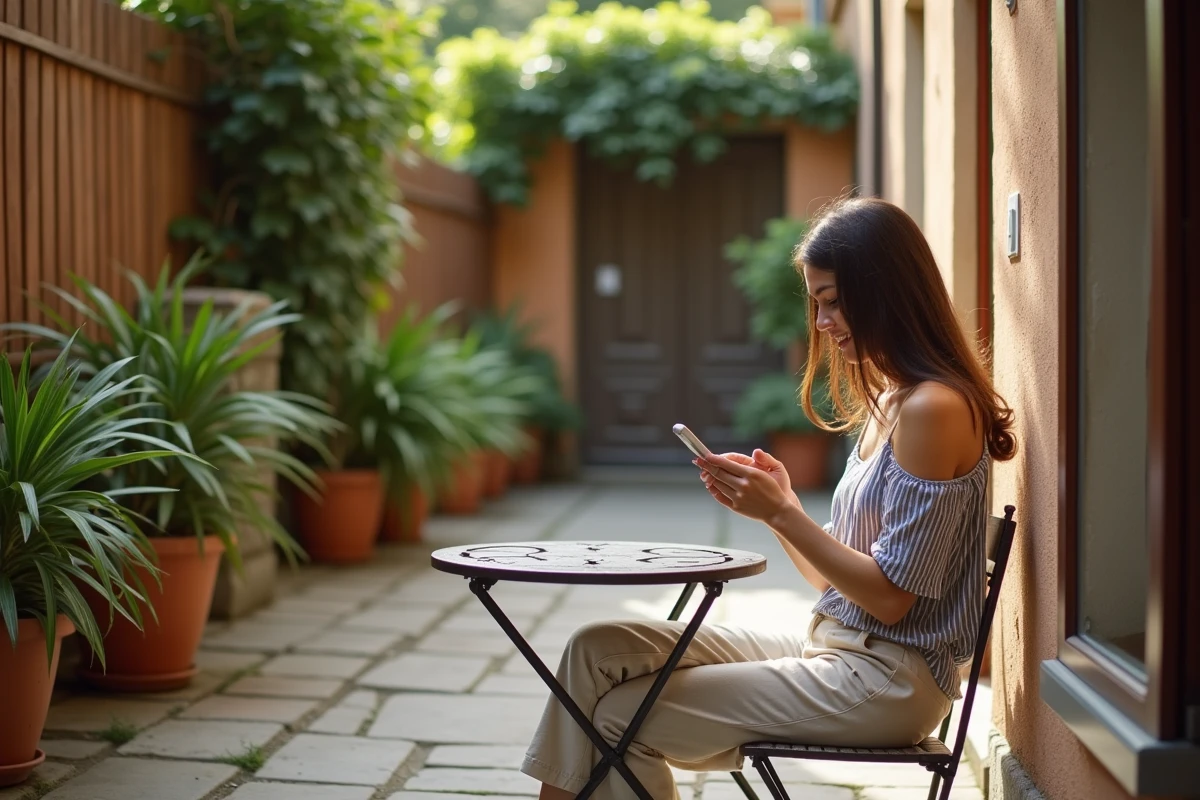 Femme célibataire consultant une application de rencontre de voisinage sur son smartphone dans la cour de son immeuble
