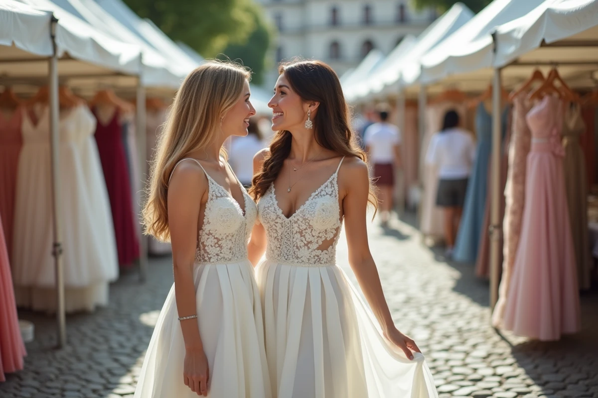 Femme et amie choisissant une robe de mariage en marché en plein air