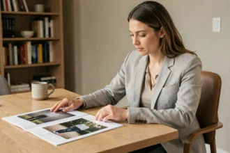 Femme consultant un portfolio de photographe à son bureau pour choisir le bon professionnel