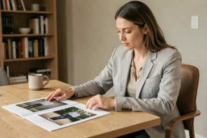 Femme consultant un portfolio de photographe à son bureau pour choisir le bon professionnel
