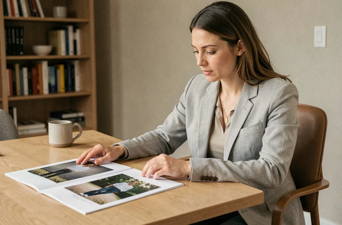 Femme consultant un portfolio de photographe à son bureau pour choisir le bon professionnel