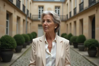 Femme élégante en veste crème dans une cour parisienne pavée, portrait éditorial discret et raffiné