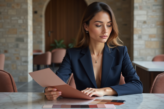 Femme en tailleur en studio étudiant des échantillons de couleurs