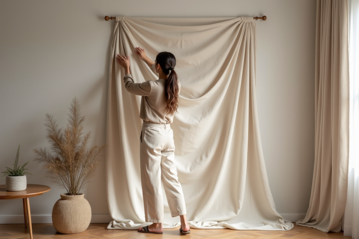 Femme élégante arrangeant une tapisserie dans un salon moderne