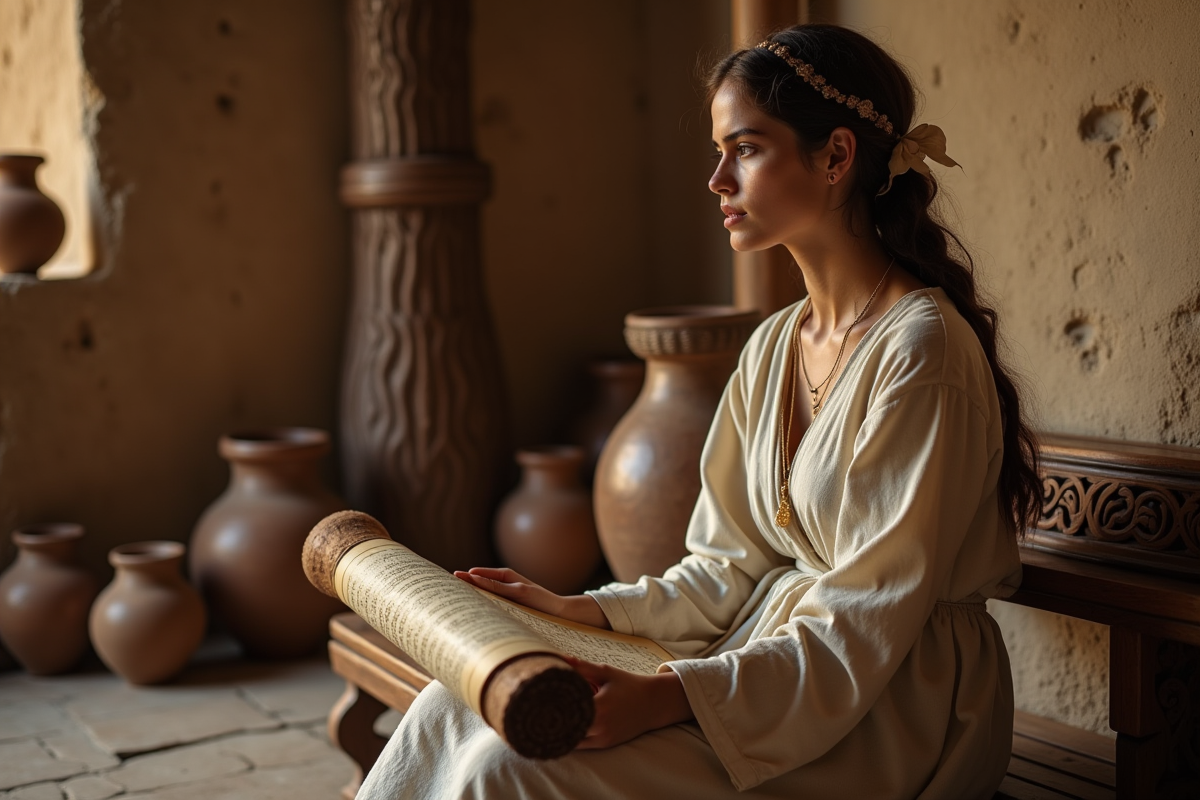 Jeune femme méditative lisant un ancien rouleau dans un intérieur antique