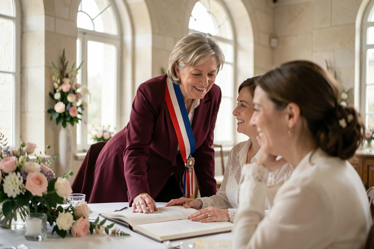 Femme maire partageant un moment émouvant avec les mariés lors de la signature du registre de mariage en mairie