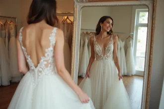 Femme souriante essayant une robe de mariée en boutique