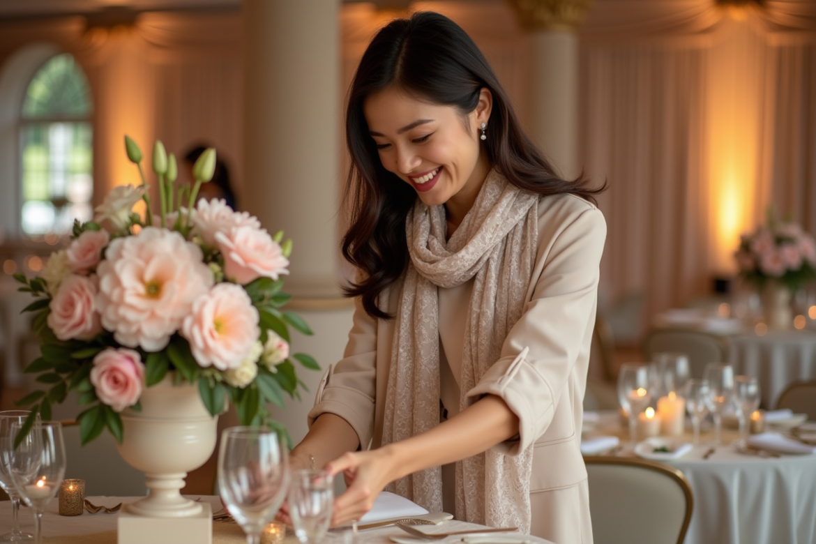 Femme arrangeant des centres de table floraux lors d'un événement élégant