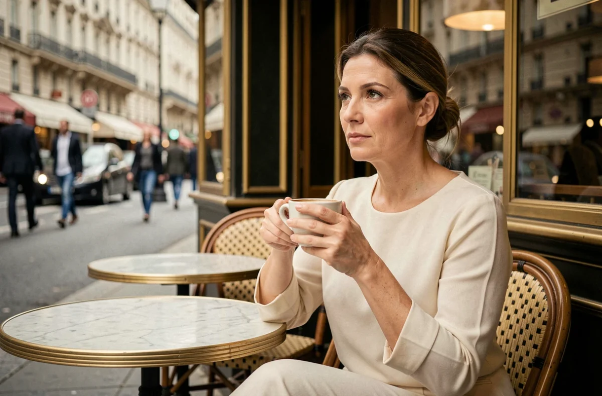 Femme pensive attablée en terrasse de café parisien illustrant la frontière entre curiosité publique et droit à la vie privée