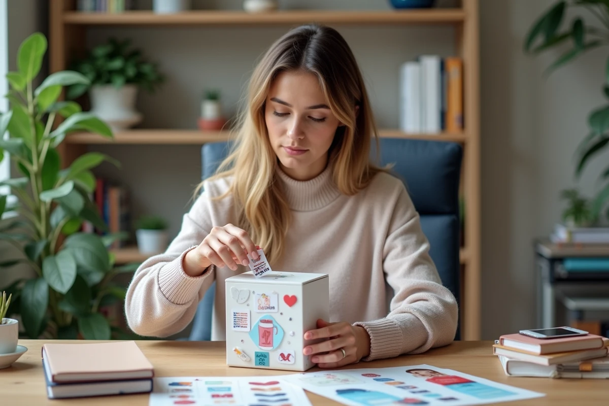 Femme personnalisant un shootnbox dans un bureau lumineux