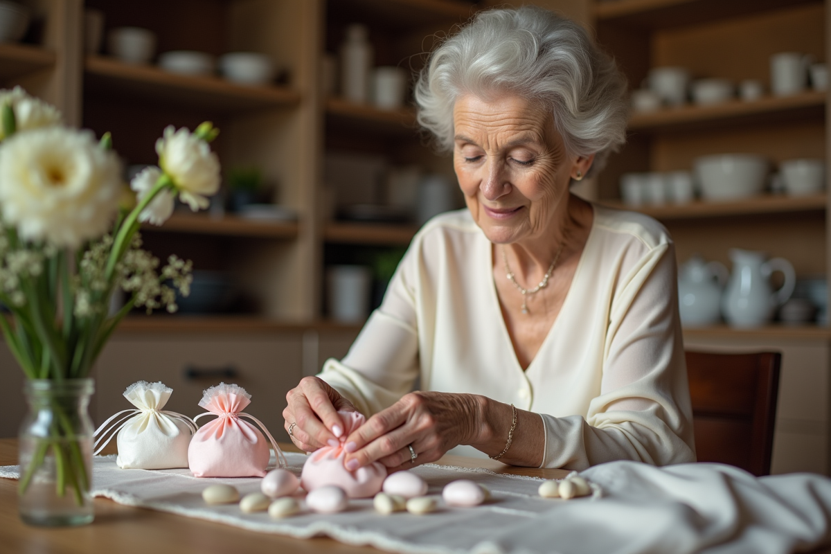 Femme âgée remplissant sachets de dragées dans une cuisine chaleureuse