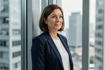 Femme professionnelle élégante devant une fenêtre de bureau symbolisant la vie publique et la vie privée