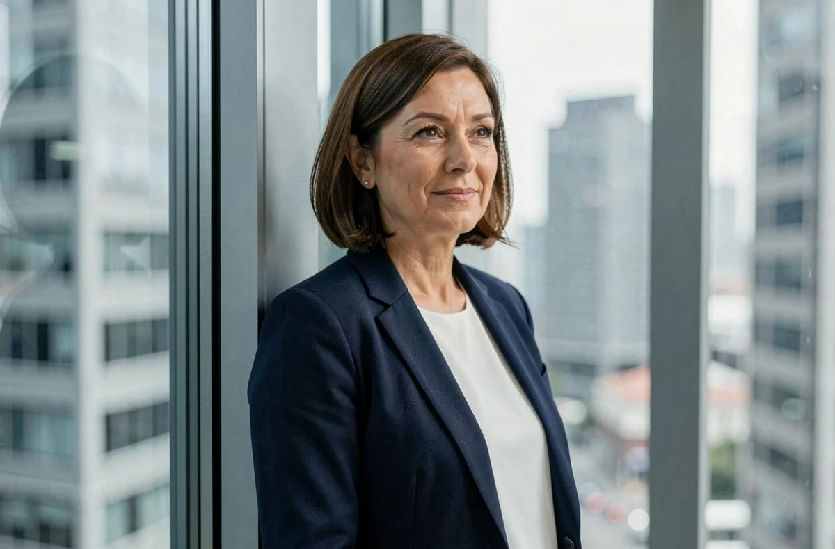 Femme professionnelle élégante devant une fenêtre de bureau symbolisant la vie publique et la vie privée