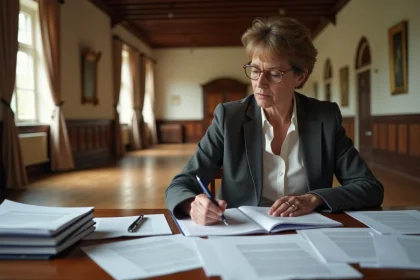 Femme consultant le règlement intérieur d'une salle des fêtes avant location