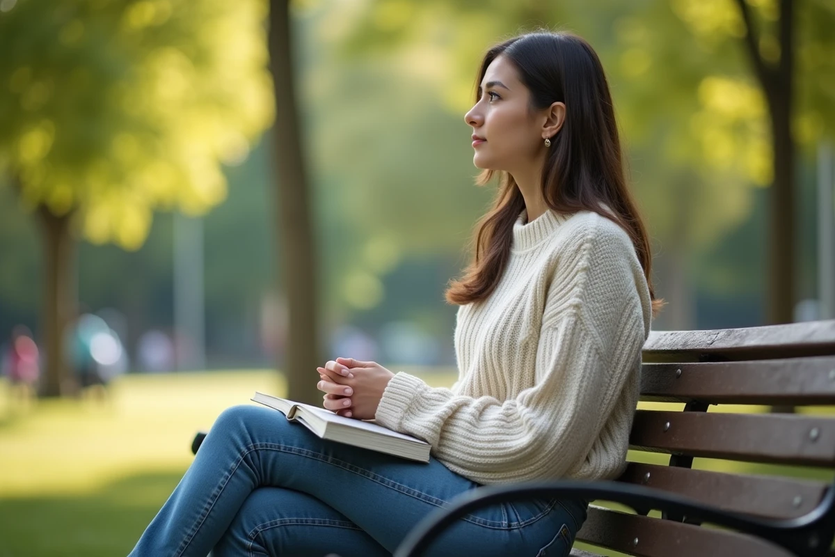 Jeune femme assise sur un banc dans un parc verdoyant