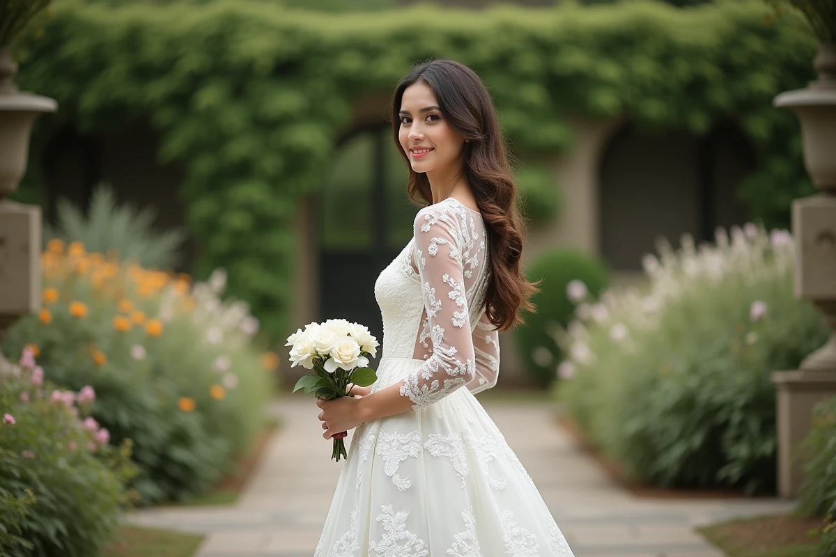 Femme en robe de mariée en dentelle dans un jardin fleuri