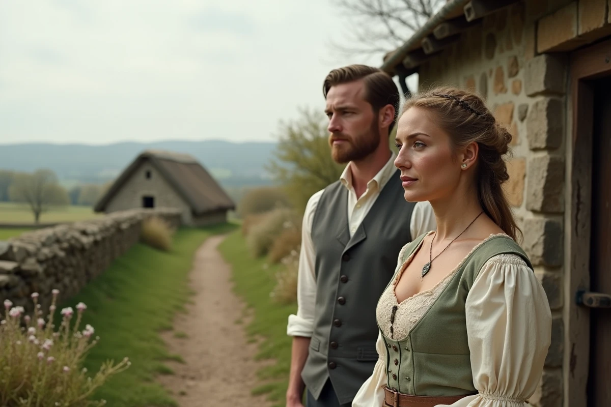 Femme rurale et son fiancé devant une chapelle en pierre