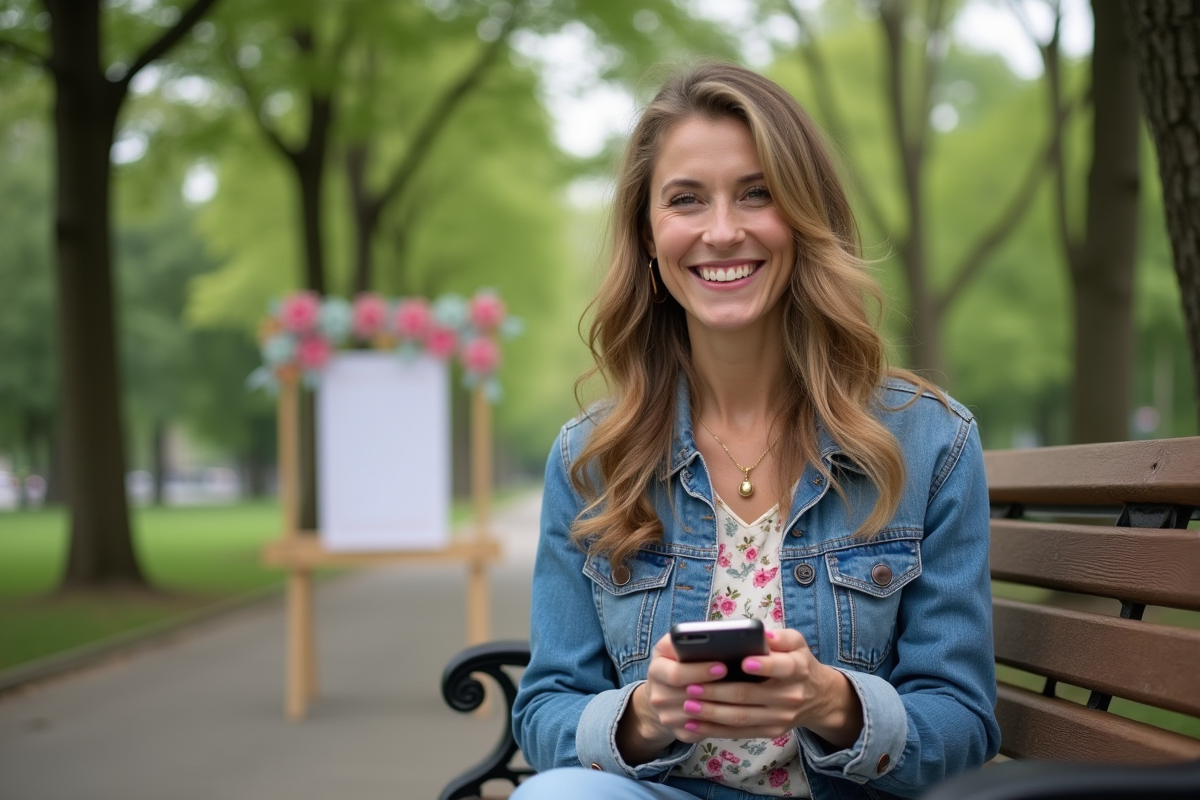 Femme souriante utilisant son smartphone en photobooth extérieur