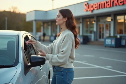 Jeune femme examine une voiture de location dans un parking