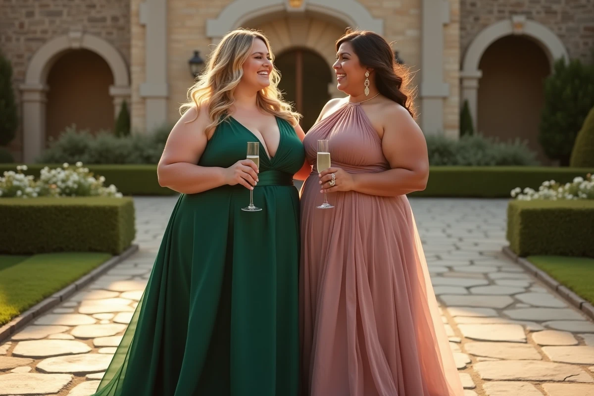 Deux femmes grandes tailles en robes de soirée élégantes sur la terrasse d'un château pour un mariage