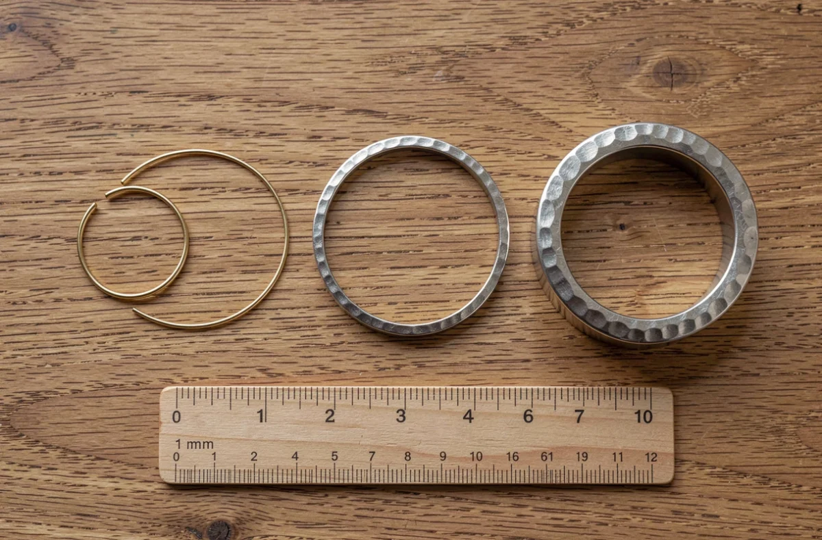 Flat lay de bagues de différentes largeurs avec règle en bois pour mesurer la taille en centimètres