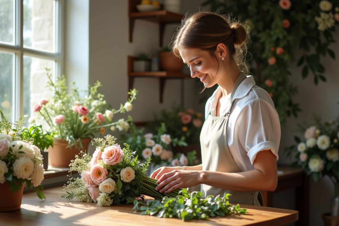 Fleuriste souriante préparant un bouquet de mariage